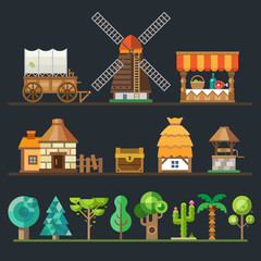Old village. Different objects, sprites. Vector flat style