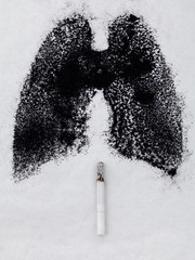 Shape of lungs with charcoal powder and cigarette on white backg