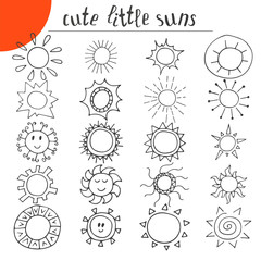 Hand drawn cute little suns. Doodle set