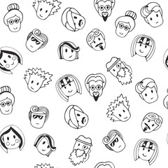 Hand drawn seamless pattern with cute faces