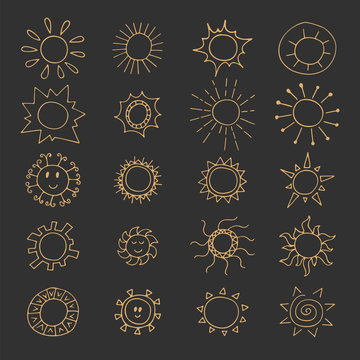 Hand drawn set of different suns and  sunbursts