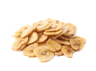 Pile of dried sliced banana snack isolated