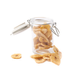 Glass jar filled with the dried banana snacks