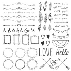 Set of romantic decor elements. Hand drawing style, sketchy vint