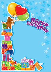 Obraz premium baby boy birthday card with teddy bear and gift boxes