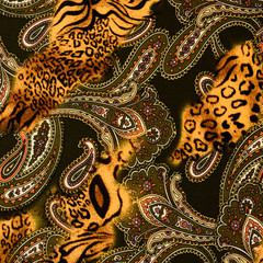texture of print fabric striped leopard and flower for backgroun