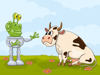 Amazed alien meets cow for the first time