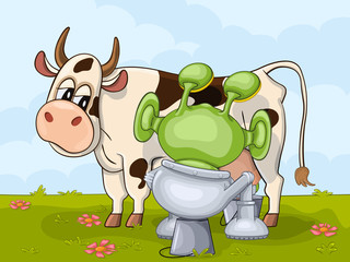 Funny cartoon alien is milking sitting on the reverse bucket
