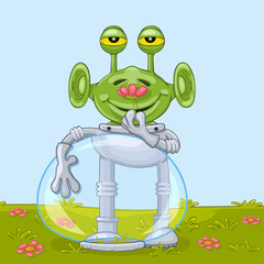 Funny cartoon alien with opened spacesuit helmet joyfully smells flower aroma
