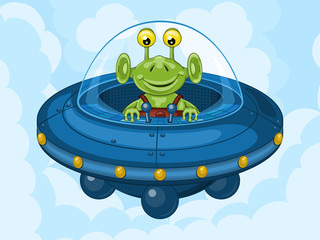 Smiling alien drives his UFO machine. Funny cartoon character