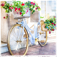 charming street decoration with bike and flowers, artistic pictu