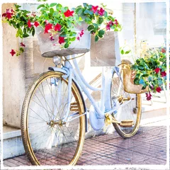 Crédence de cuisine en verre imprimé Fleuriste charmante décoration de rue avec vélo et fleurs, pictu artistique