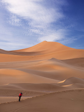 Woman Traveler  looking through camera in sahara desert