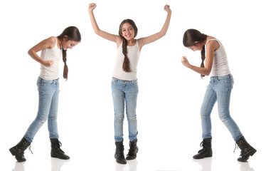 Collage of a young girl celebrating a victory. Isolated on white