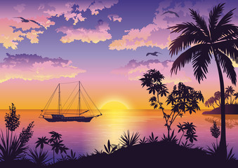 Tropical Sea Landscape with Palms and Ship