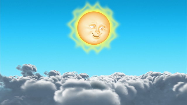 3D cartoon Sun & Moon in clouds, seamless loop.