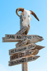 Western signpost with goat skull to famous US landmarks