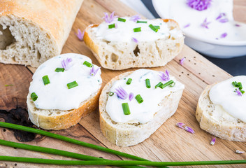 Mini sandwich with a cottage cheese and fresh chives