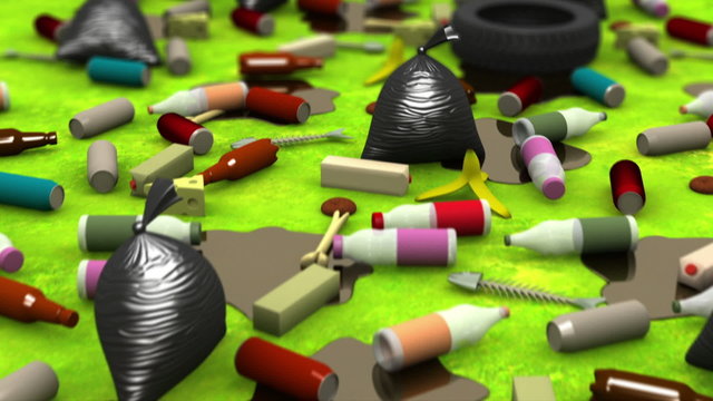 Environmental pollution. 3D animation in cartoon style, loopable.