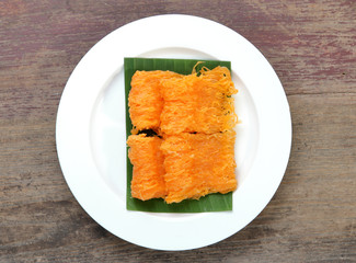 Thai dessert,golden threads. View from above.