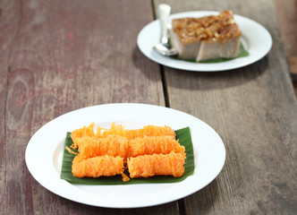 Thai dessert, coconut custard squares and golden threads.