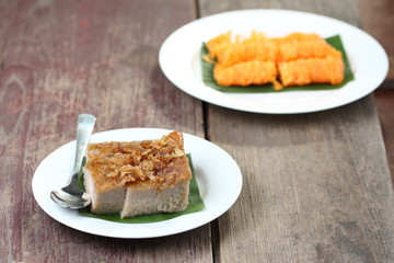 Thai dessert, coconut custard squares and golden threads.