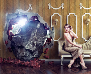 Meteorite in the room and the woman