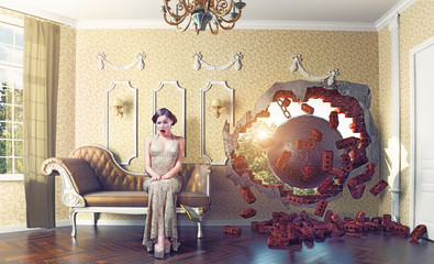 wrecking ball in the room and the woman