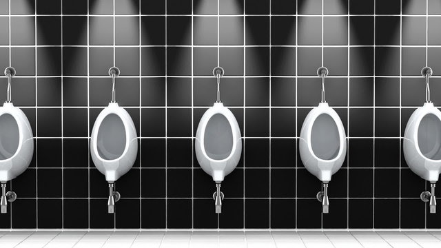 Urinals in a public bathroom. 3D animation, seamless loop.