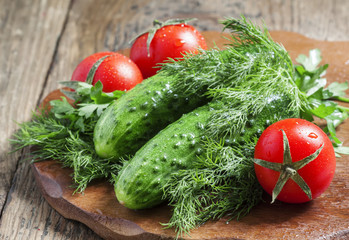 Fresh cucumbers and tomatoes on a cutting board, selective focus