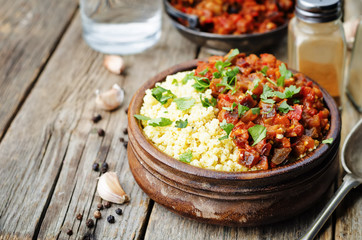 buttered millet with tomato eggplant curry