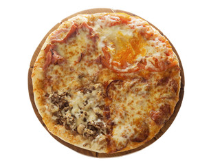 Classic pizza with meat products, mushrooms and cheese. Quattro Stagione. Isolated on white.