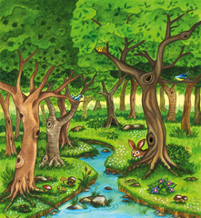 Naklejki  Krajobraz lasu z drzewami i rzeką. Akwarela ilustracja przyrody.