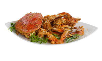 Spicy cooked crab ready to serve on white background