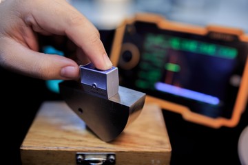 Calibration angle probe of ultrasonic detector with standard steel block