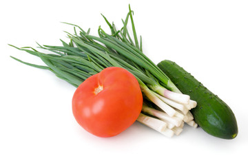 Bunch of chives, tomato, cucumber on white background