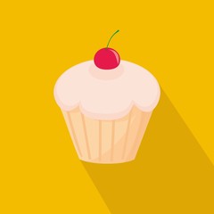 Sweet cherry cupcake flat icon on yellow background vector