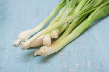 green onions on a blue background