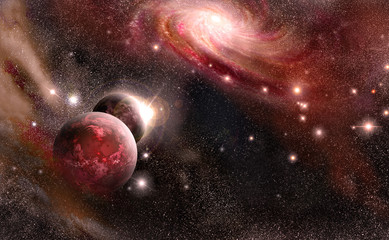 planets and galaxy in red tones