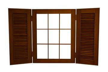Opened Wooden Window Isolated on White Background, With Copy Spa