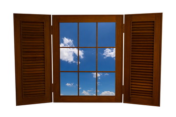 Opened Wooden Window to View of Blue Sky Isolated on White Backg