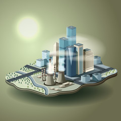 Air pollution in big city. Vector isometric illustration of envi
