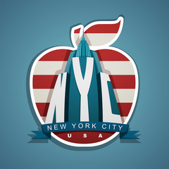 New York city vector emblem with skyscraper, ribbon and big appl