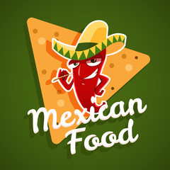Vector emblem of mexican food with red chili pepper and nachos