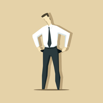 Vector illustration of businessman with empty pockets. Crisis co