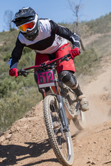 Naklejka premium Downhill competition, Biker rides fast in the countryside.