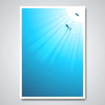 Vector poster with diver in the sea and sun rays pass through th