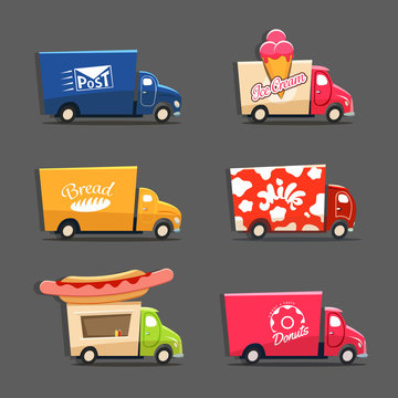 Vector set of trucks with inscriptions featuring ice cream truck