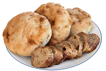 Plate with Pita Bread loafs and Baguette slices, Isolated on White.