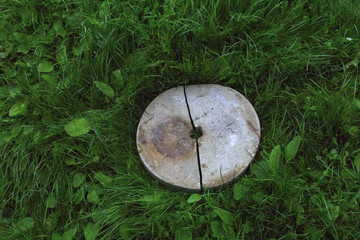 Broken stone wheel on grass